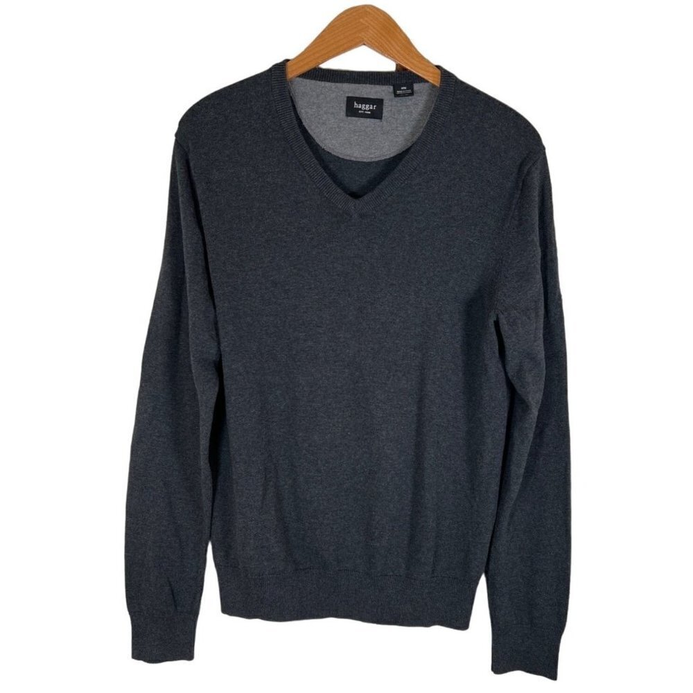 Haggar Sweater Mens Size‎ M Dark Grey V Neck Pullover Sweater Cotton Elbow Patch